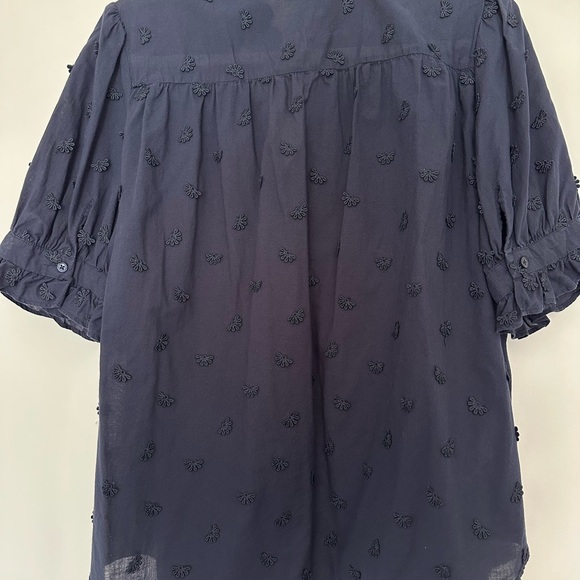 Ann Taylor Navy Blue Embroidered Ruffle Neck Women's Top - Picture 2 of 7